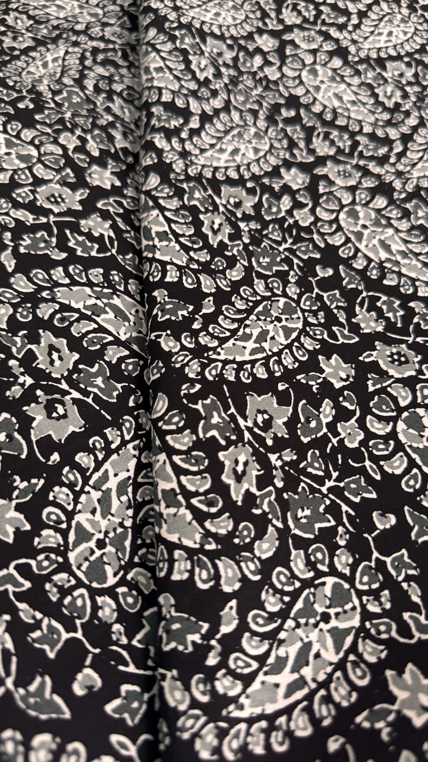 Close-up of black fabric with white floral pattern