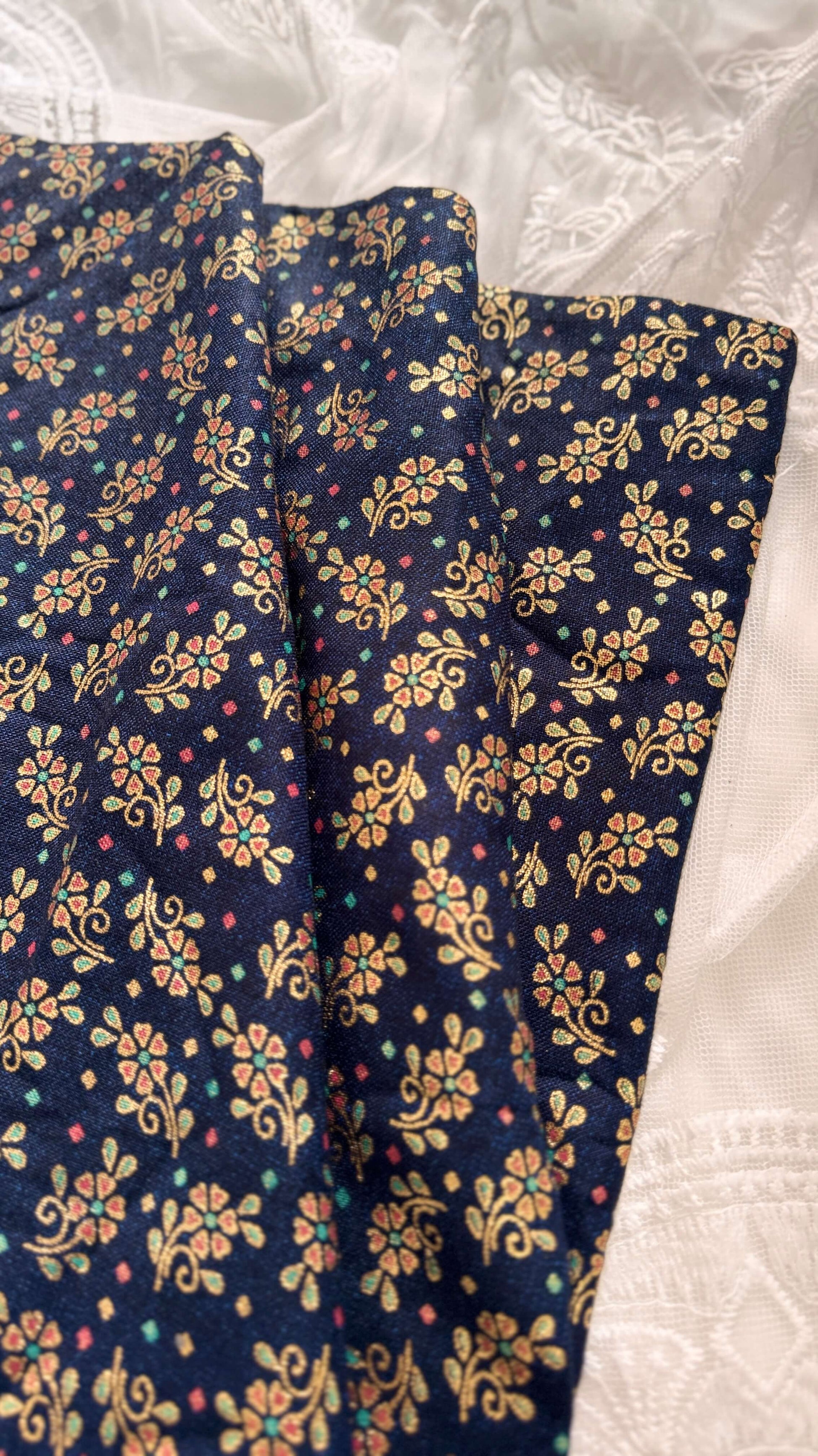 Navy blue fabric with floral pattern on a white background