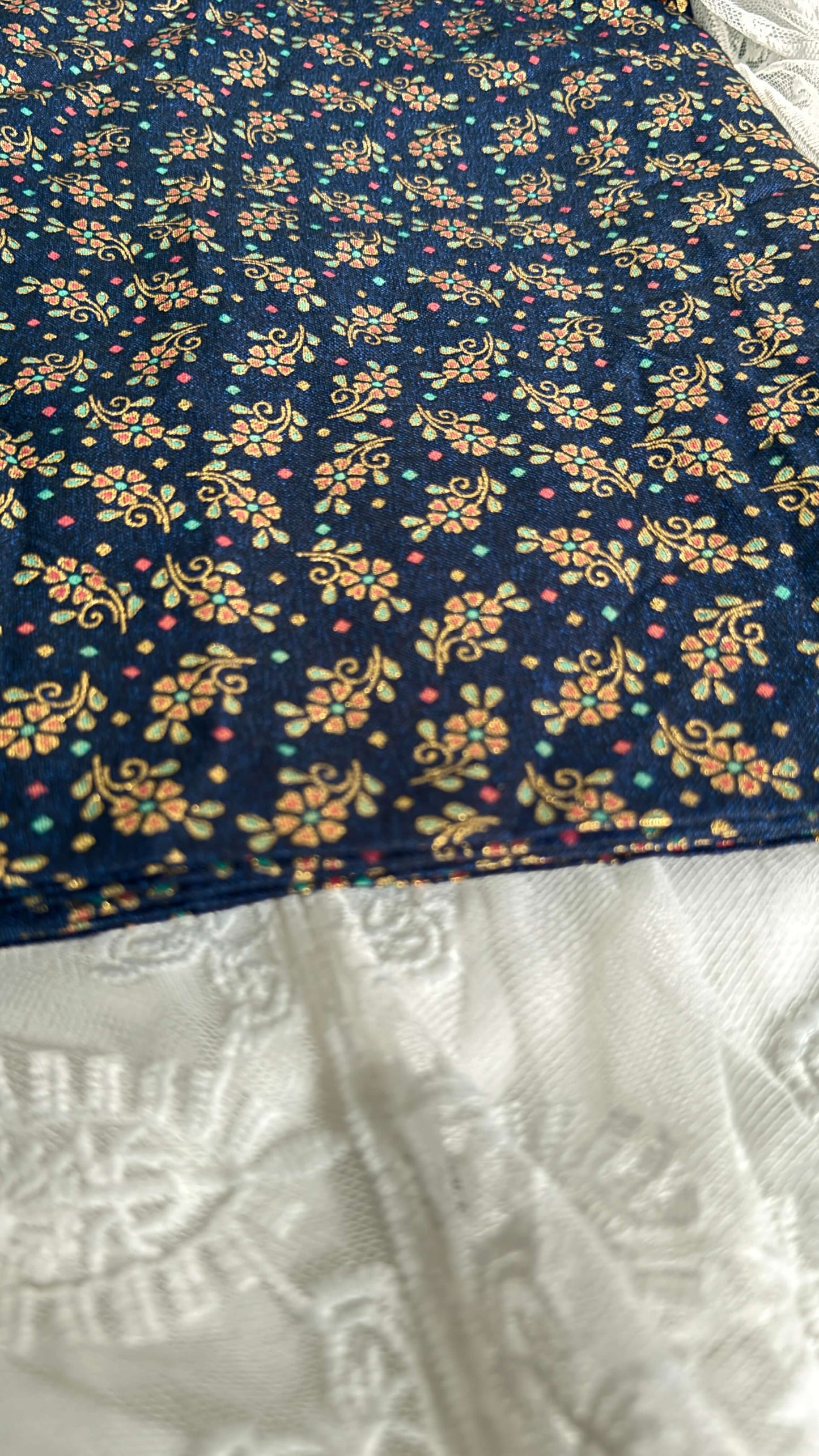 Navy fabric with small colorful floral pattern on a white fabric background