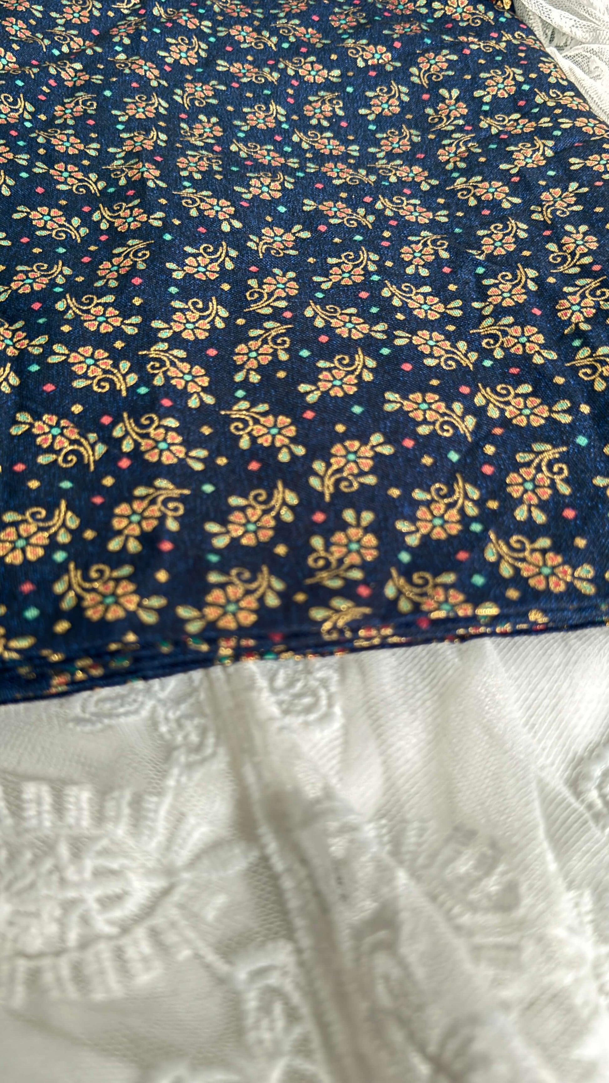 Navy fabric with small colorful floral pattern on a white fabric background