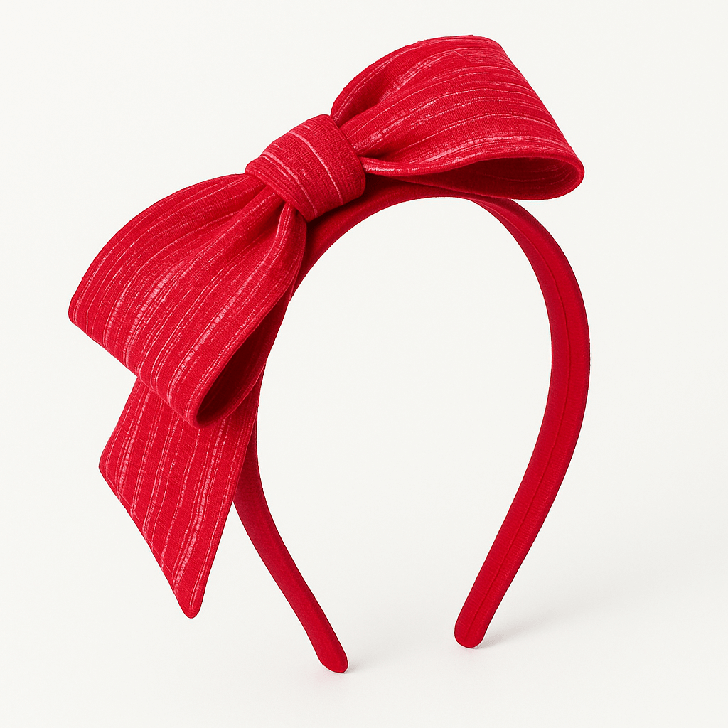 Red headband with a large bow on a white background