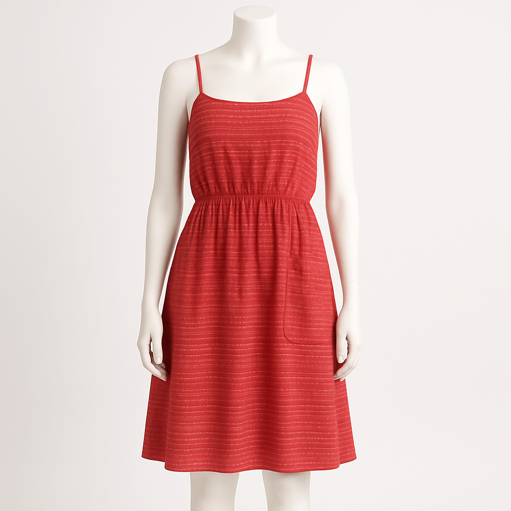 Red dress on a mannequin against a white background
