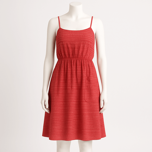 Red dress on a mannequin against a white background