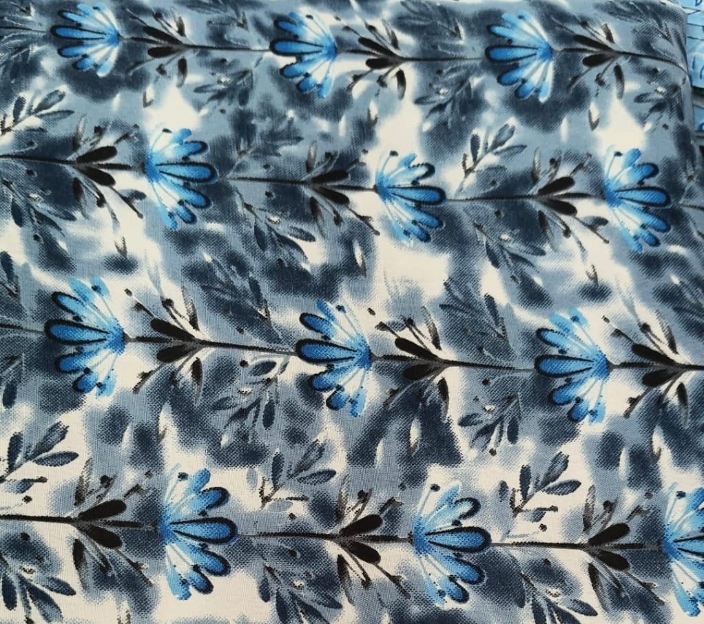 Floral pattern with blue and black flowers on a textured background