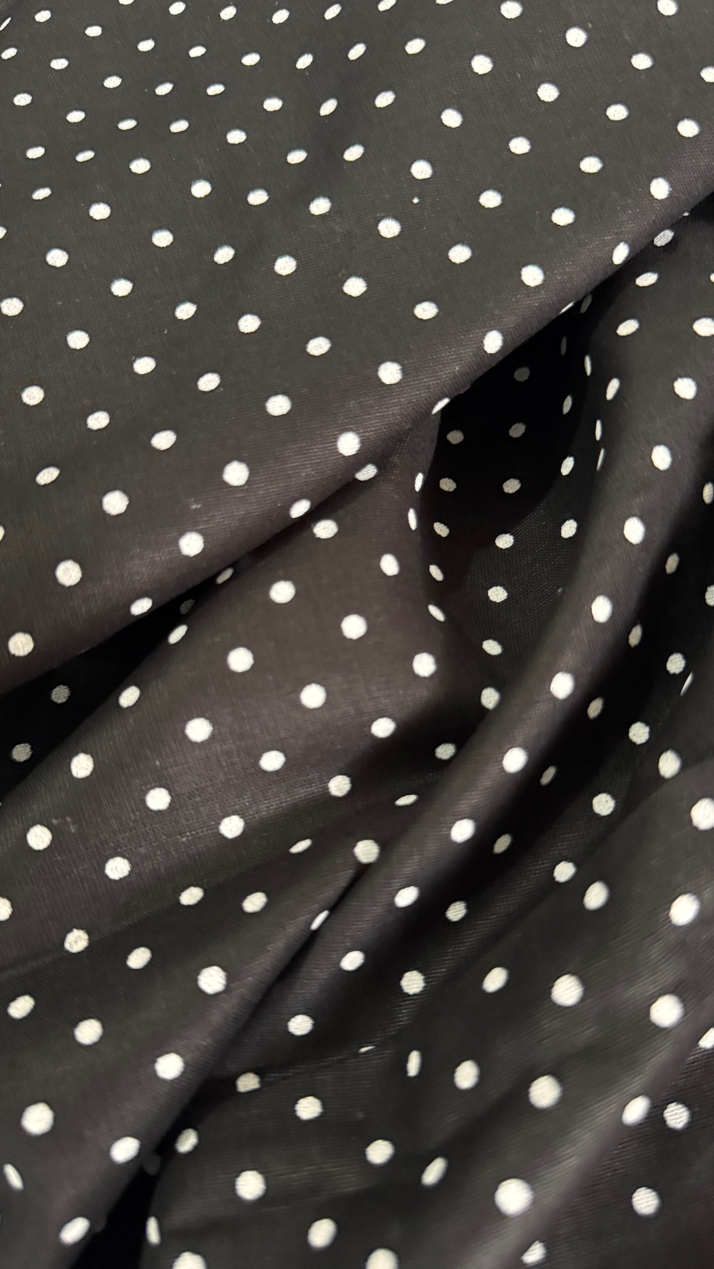 Black fabric with white polka dots