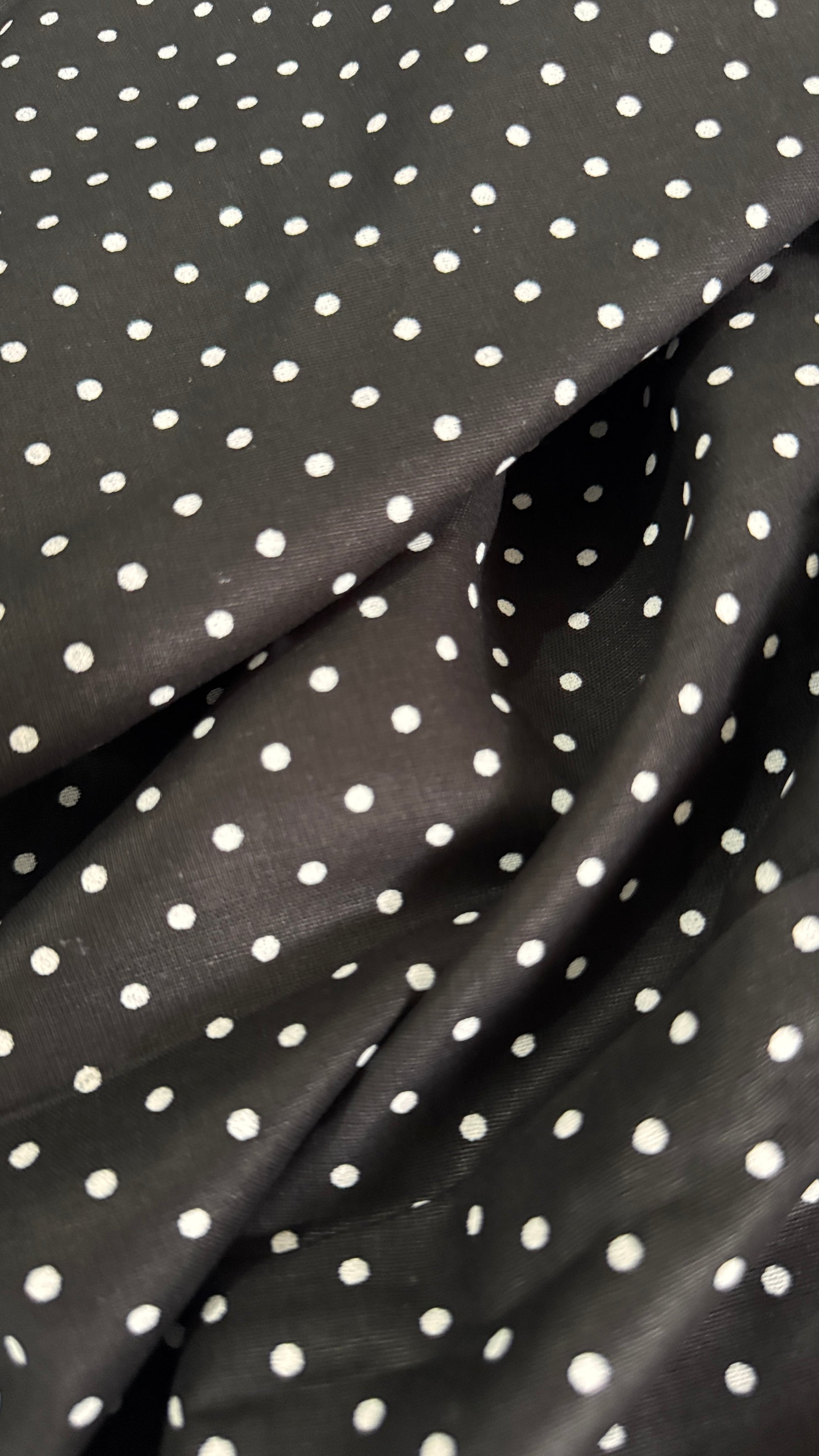 Black fabric with white polka dots