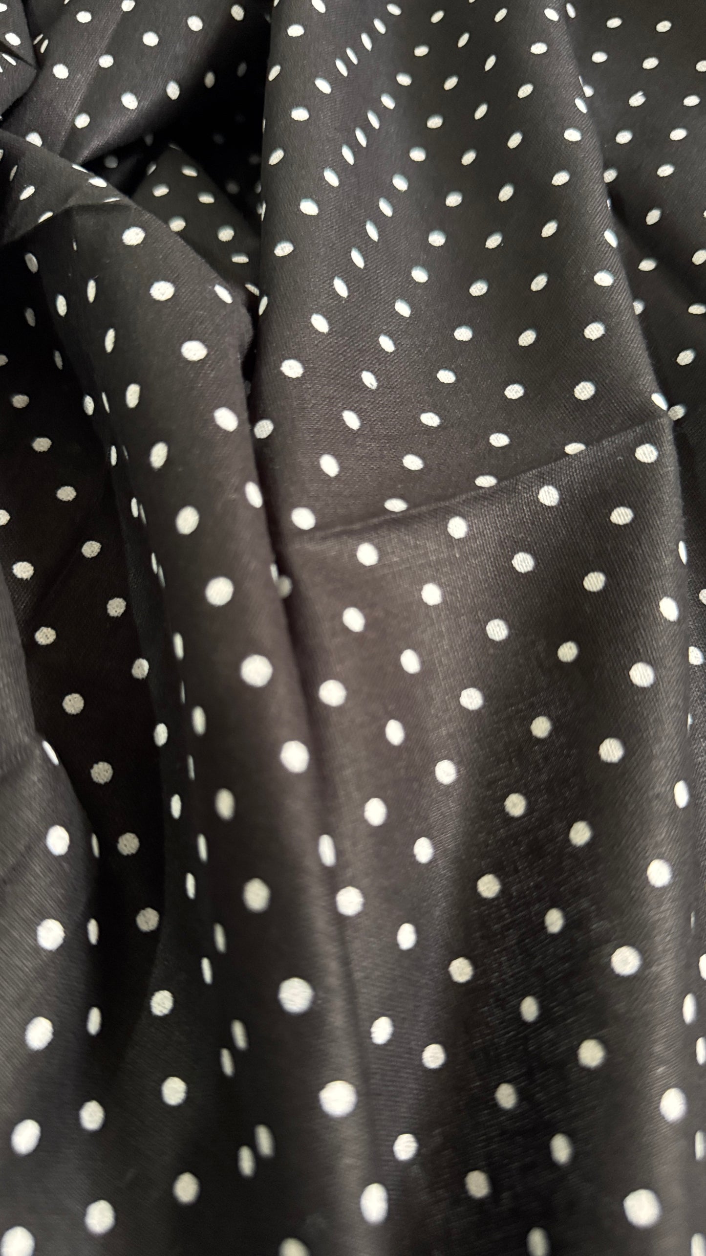 Close-up of black fabric with white polka dots