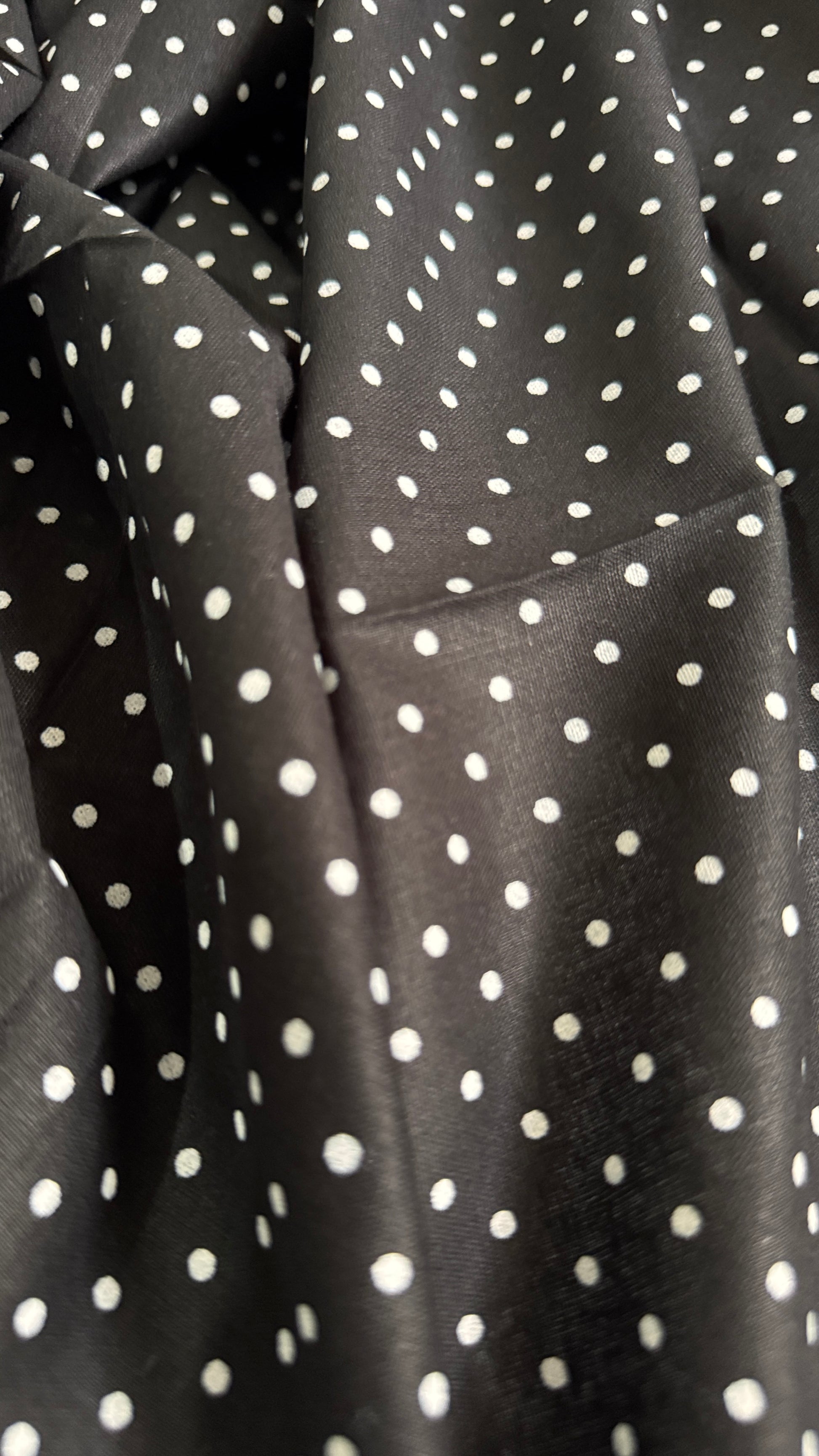 Close-up of black fabric with white polka dots
