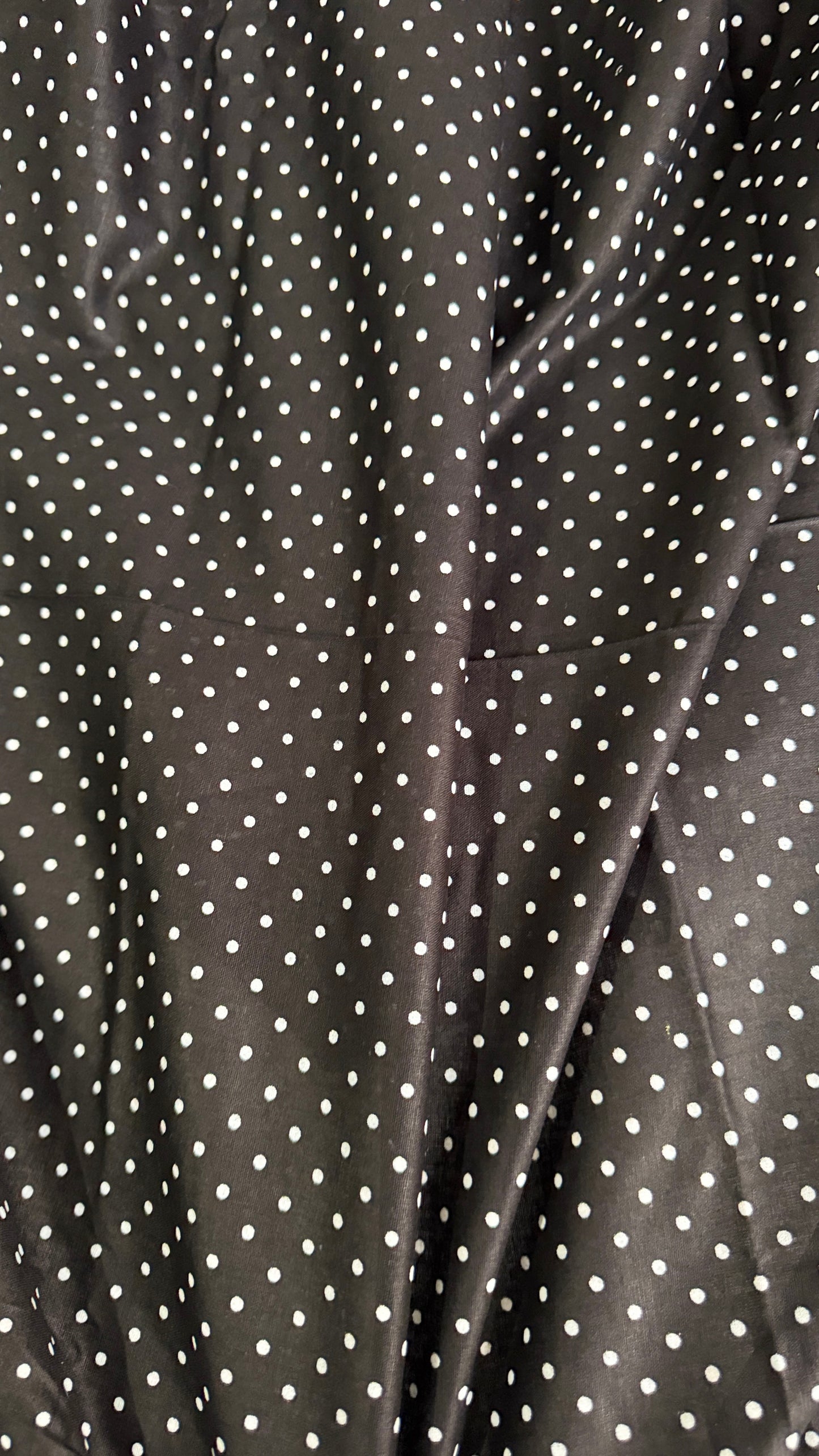 Close-up of black fabric with white polka dots