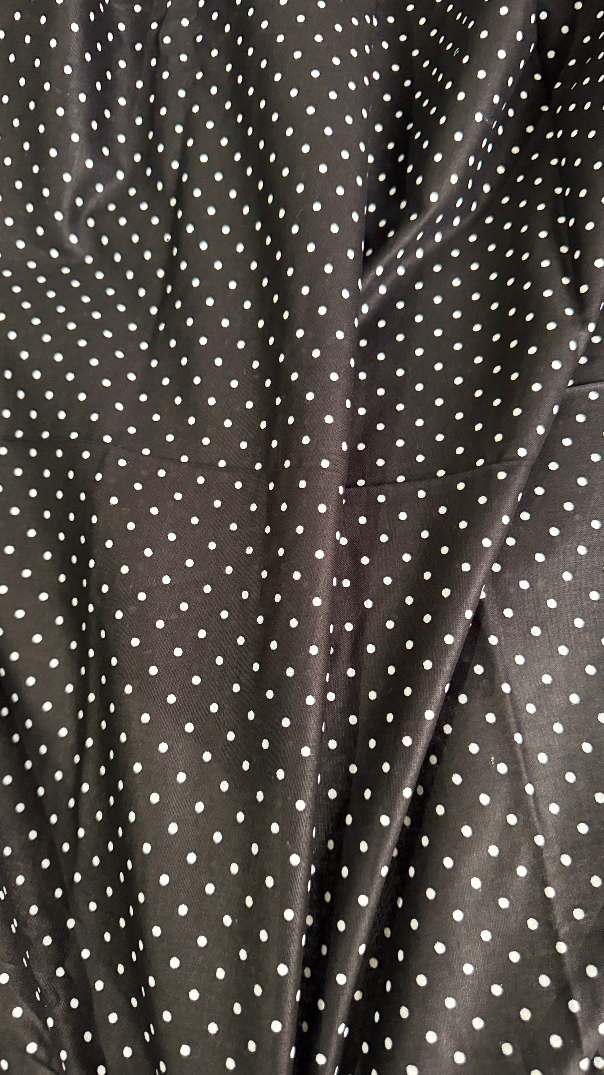 Close-up of black fabric with white polka dots