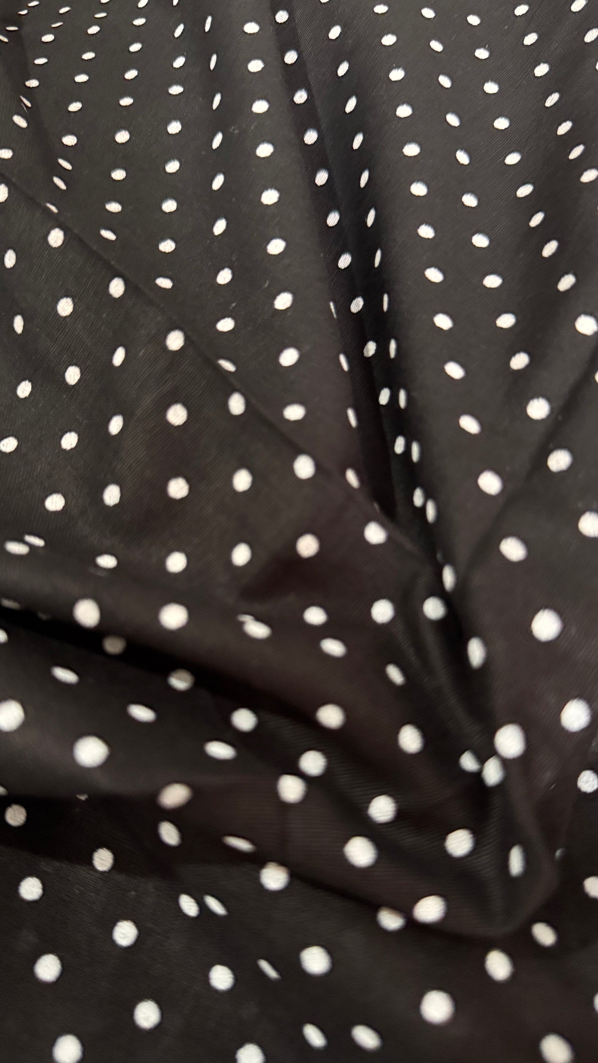 Black fabric with white polka dots