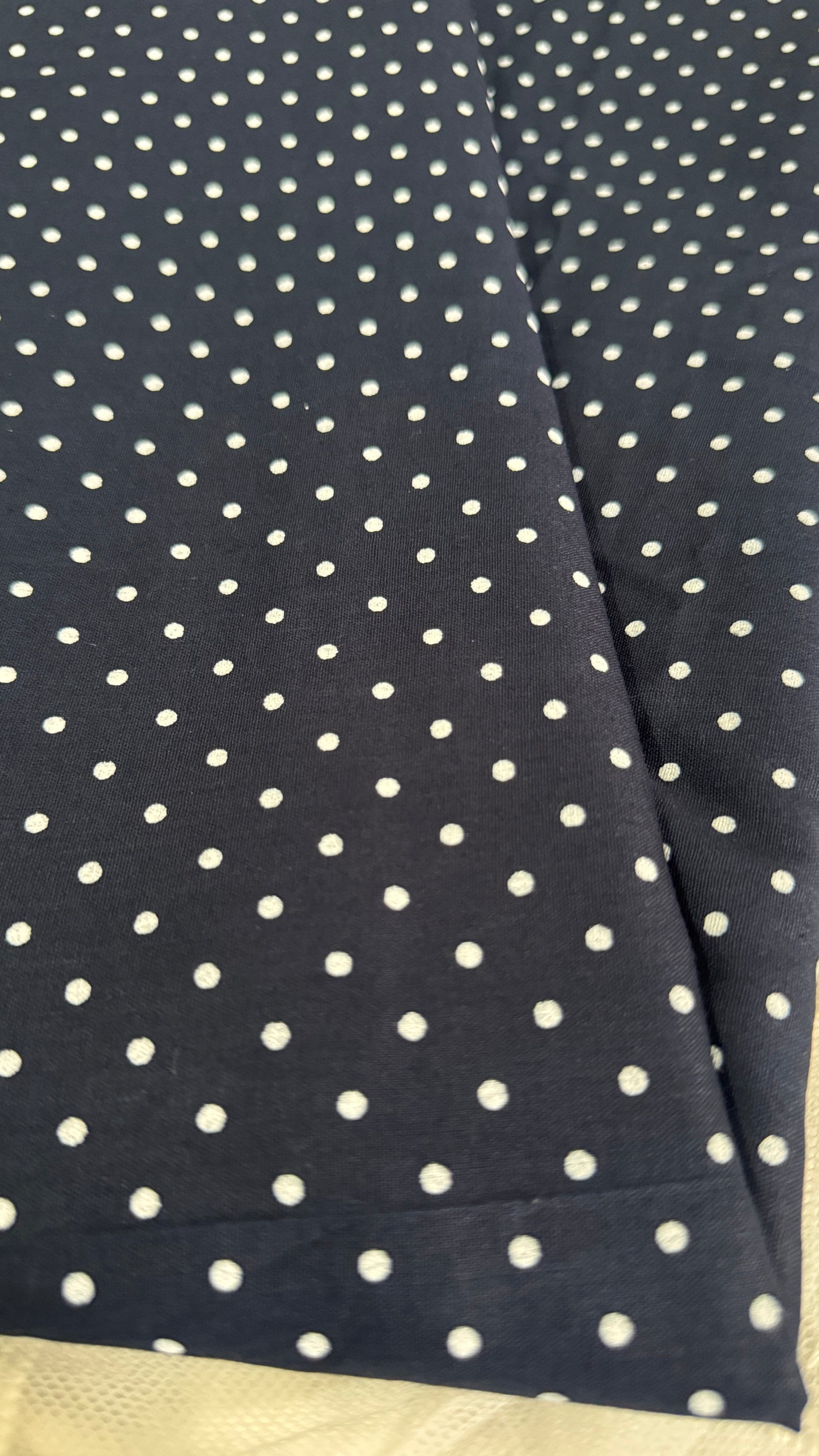 Navy blue fabric with white polka dots