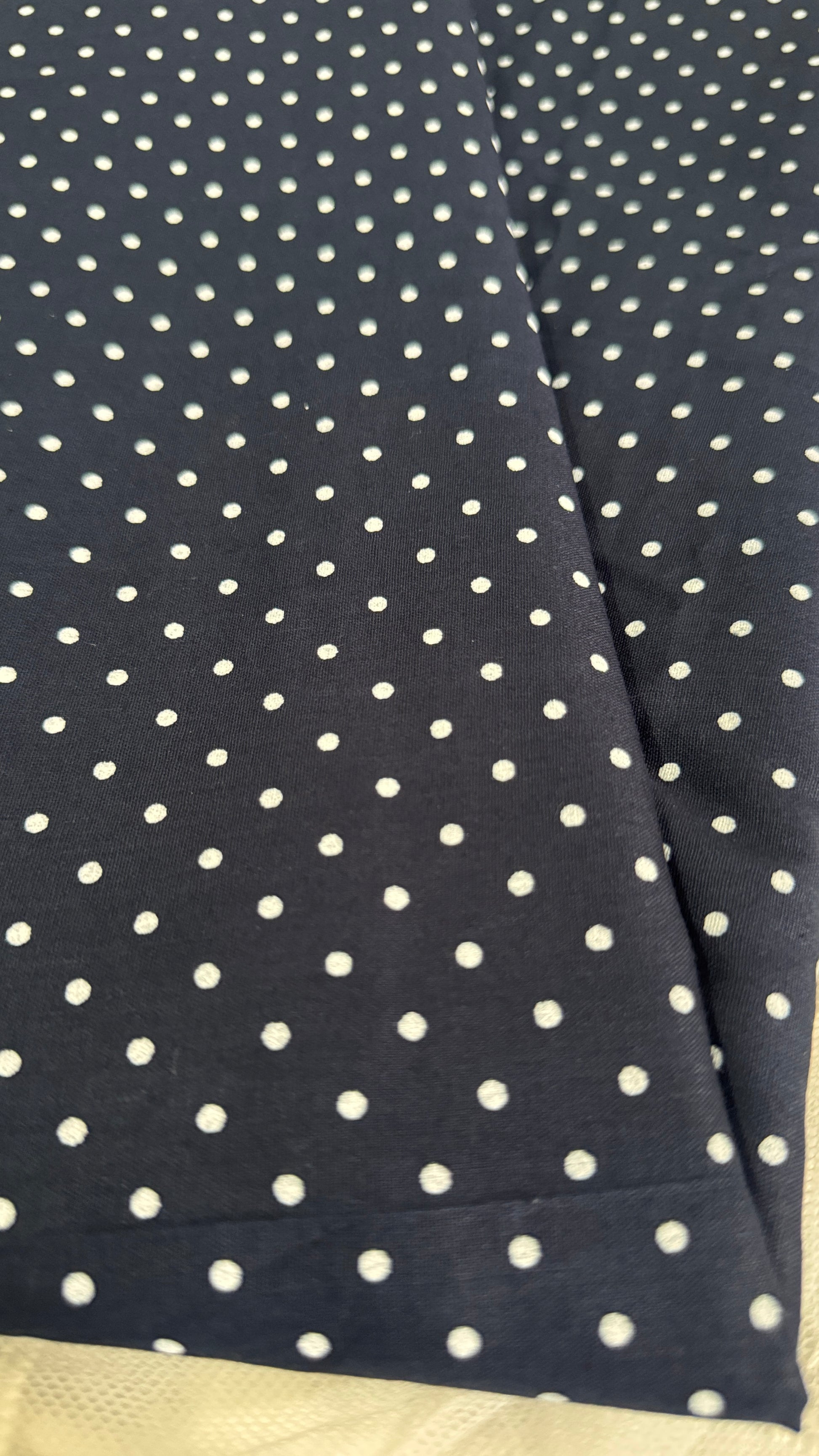 Navy blue fabric with white polka dots