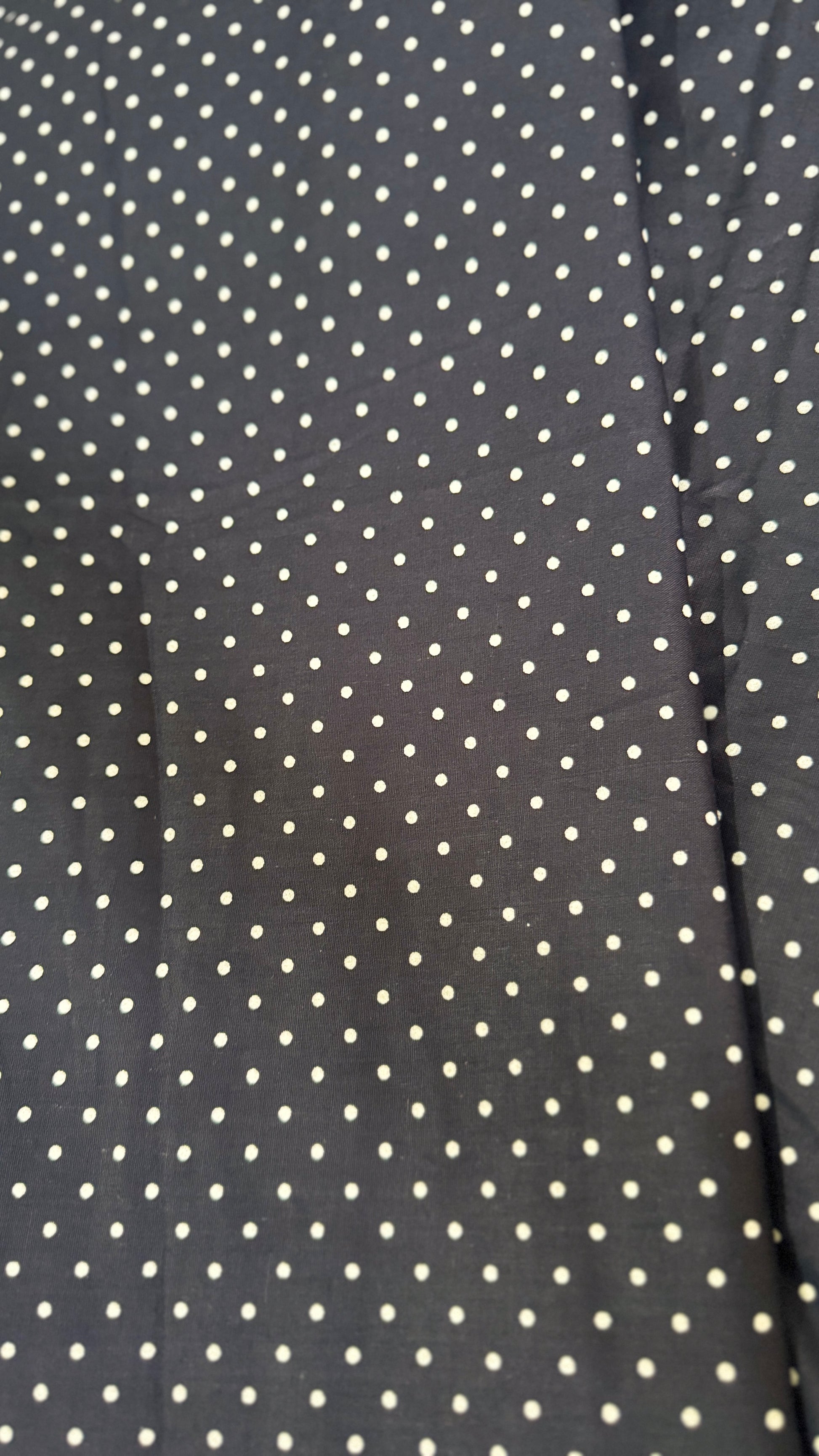 Close-up of a blue fabric with white polka dots