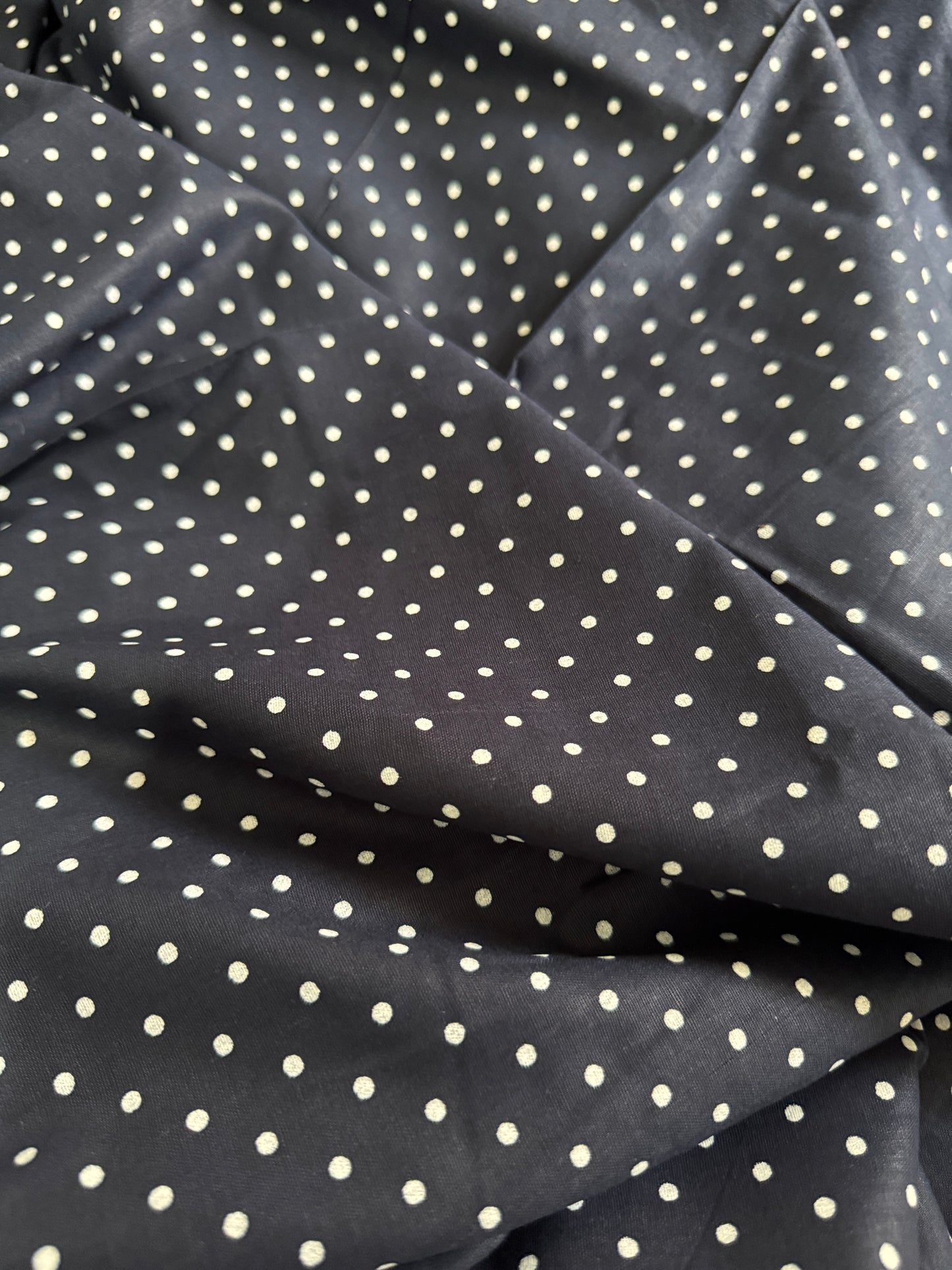Blue fabric with white polka dots