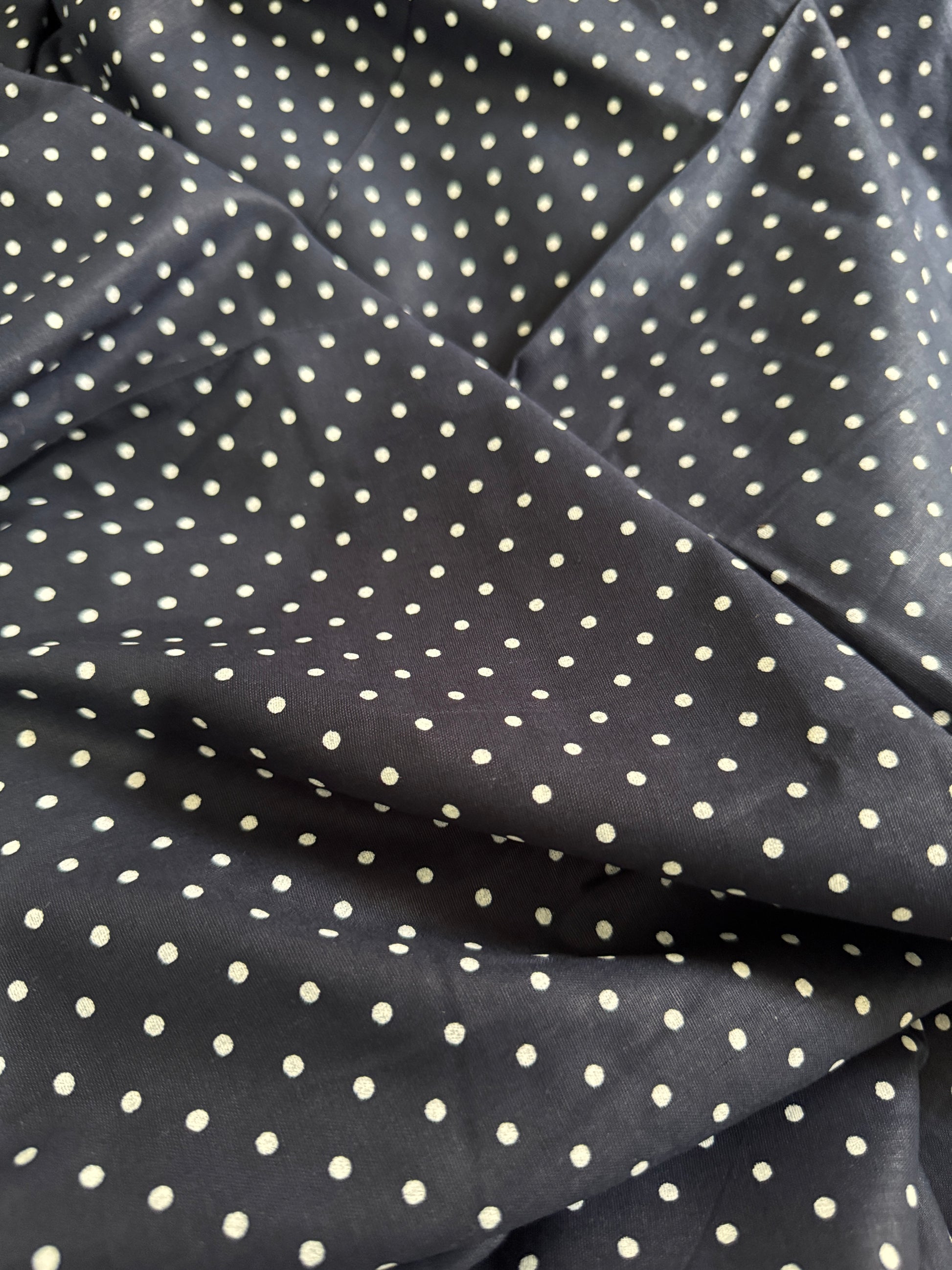 Blue fabric with white polka dots
