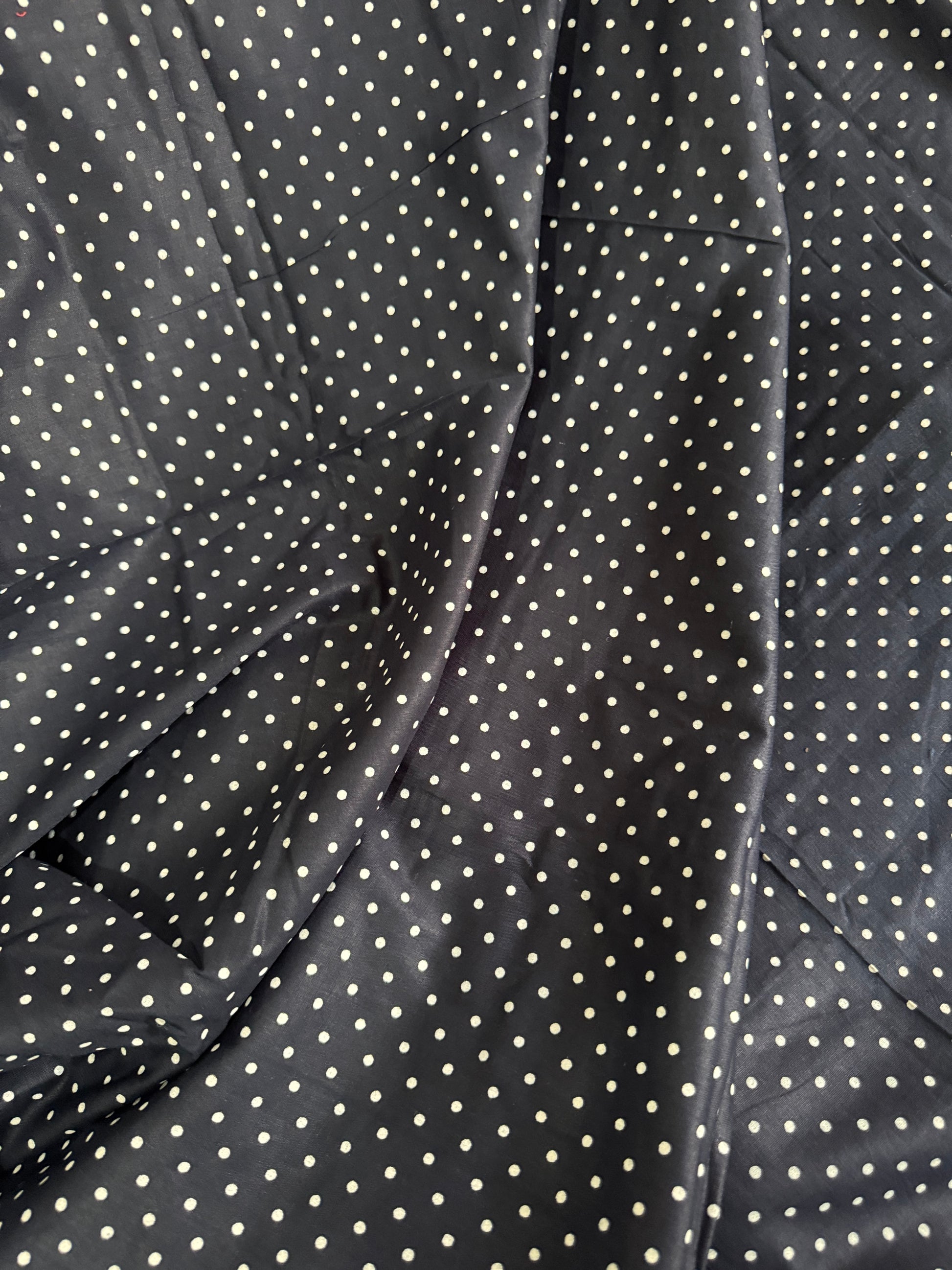 Blue fabric with white polka dots