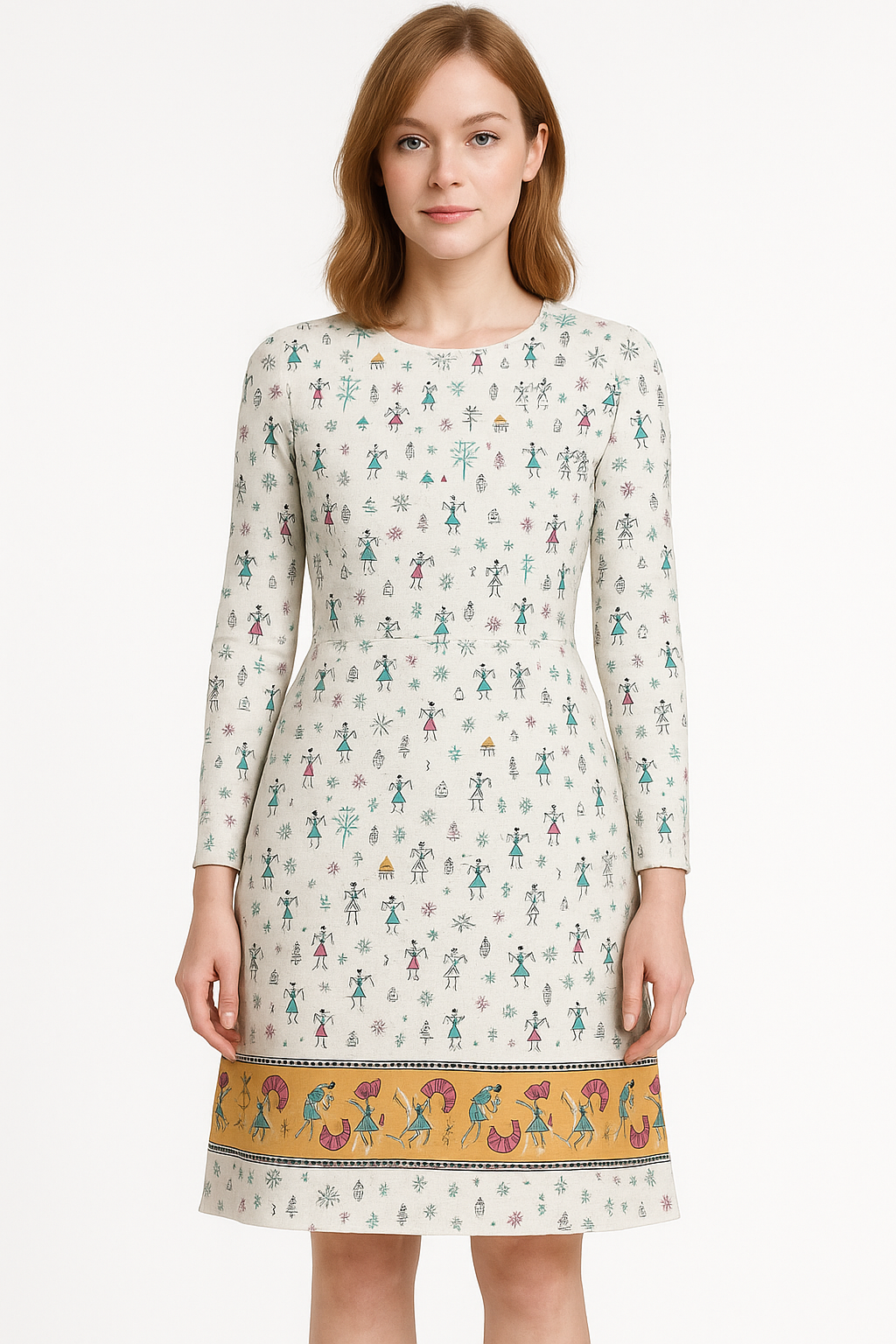 Woman wearing a patterned dress with a white background