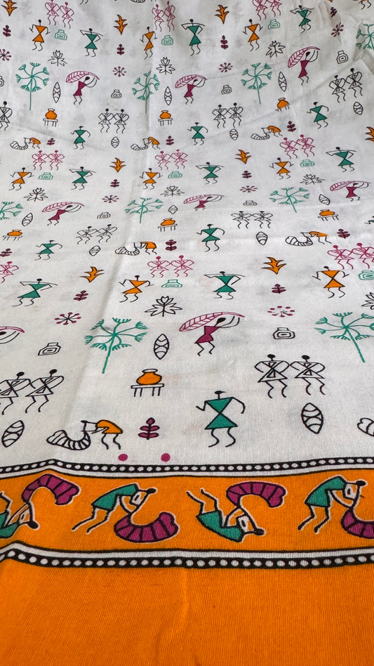 Decorative fabric with colorful hand-drawn patterns on a white background