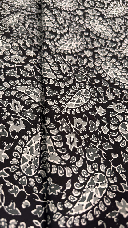 Close-up of black fabric with white floral pattern