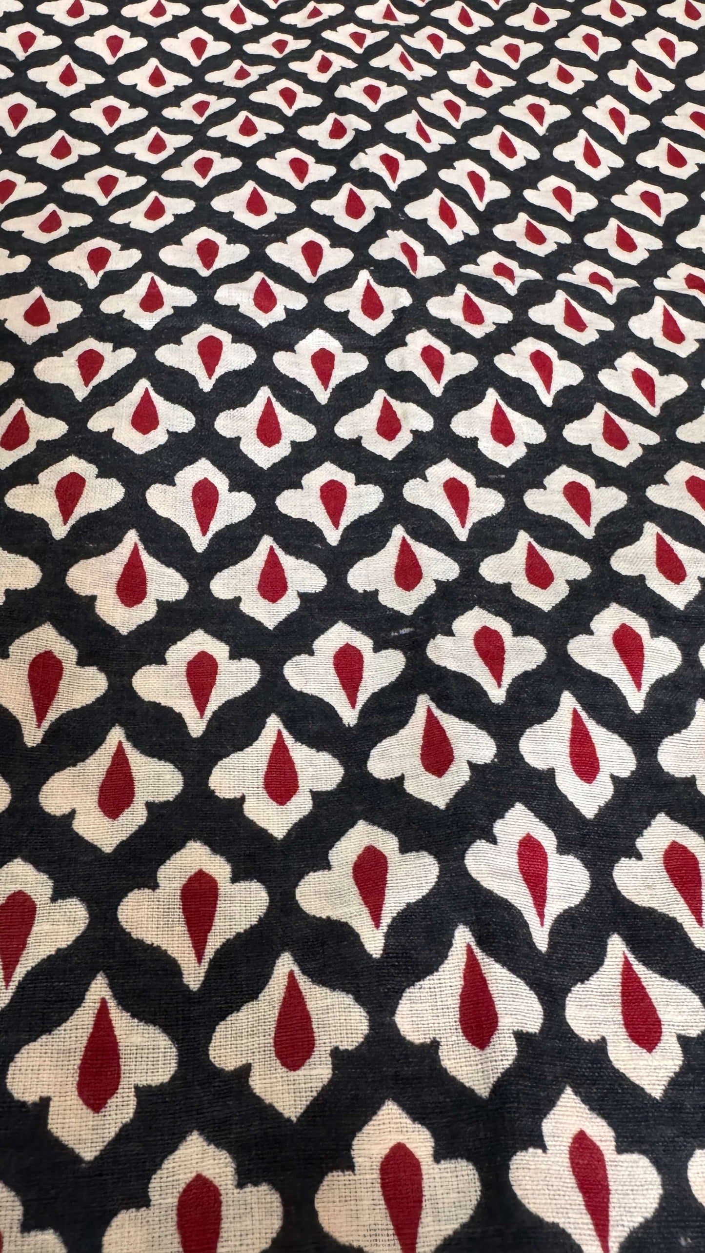 Patterned fabric with red and white design on a black background