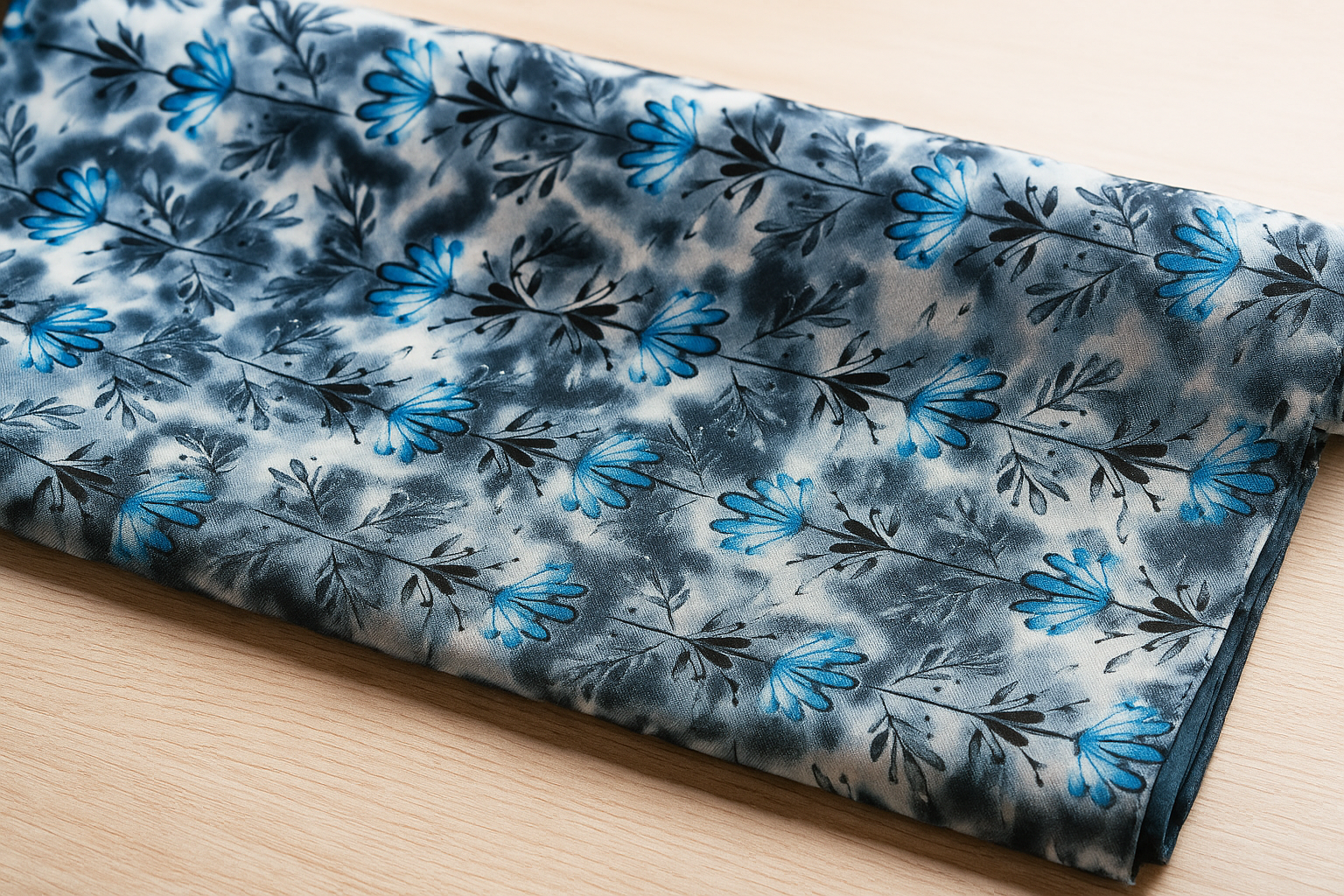 Folded fabric with blue floral pattern on a wooden surface