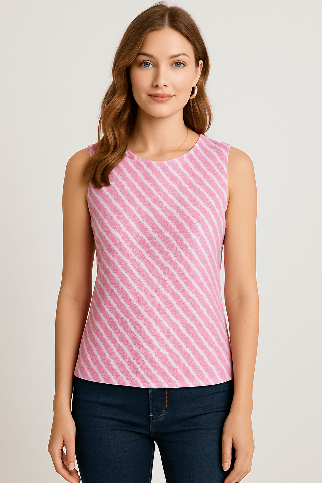 Woman wearing a pink and white striped sleeveless top against a plain background